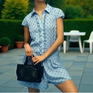 Anthropologie Maeve Cap Sleeve Button Front polka dot Romper Blue Motif Sz M NWT